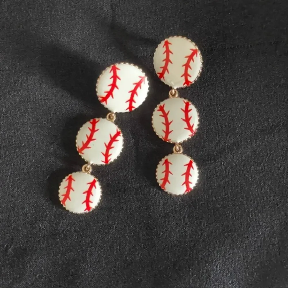 Triple Baseball Dangle Earrings Sports Fan Statement Jewelry Gold Quirky Sporty